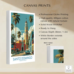 Santo Domingo travel poster canvas print with palm trees, historic clock tower, and vintage car, ideal for wall art decor