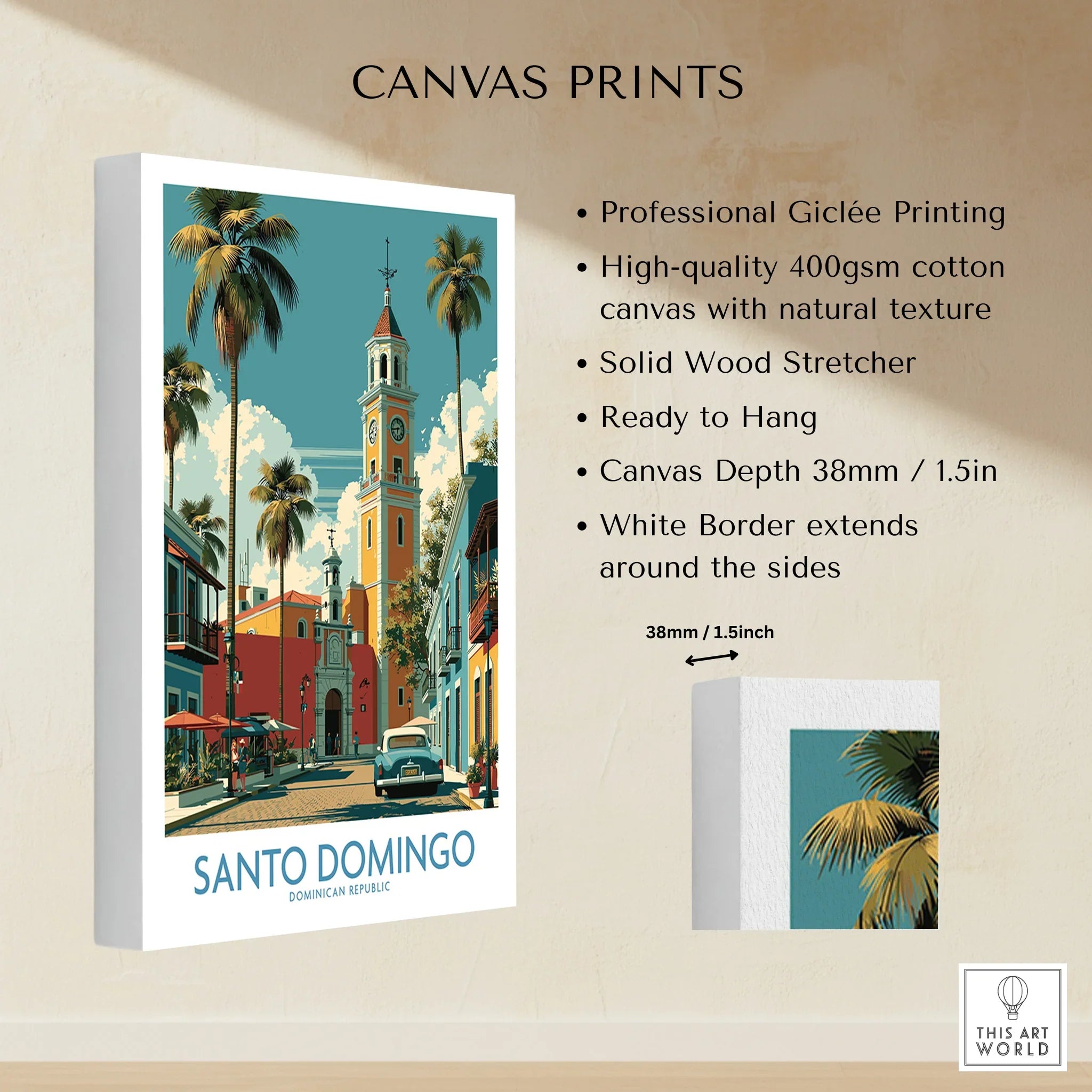 Santo Domingo travel poster canvas print with palm trees, historic clock tower, and vintage car, ideal for wall art decor