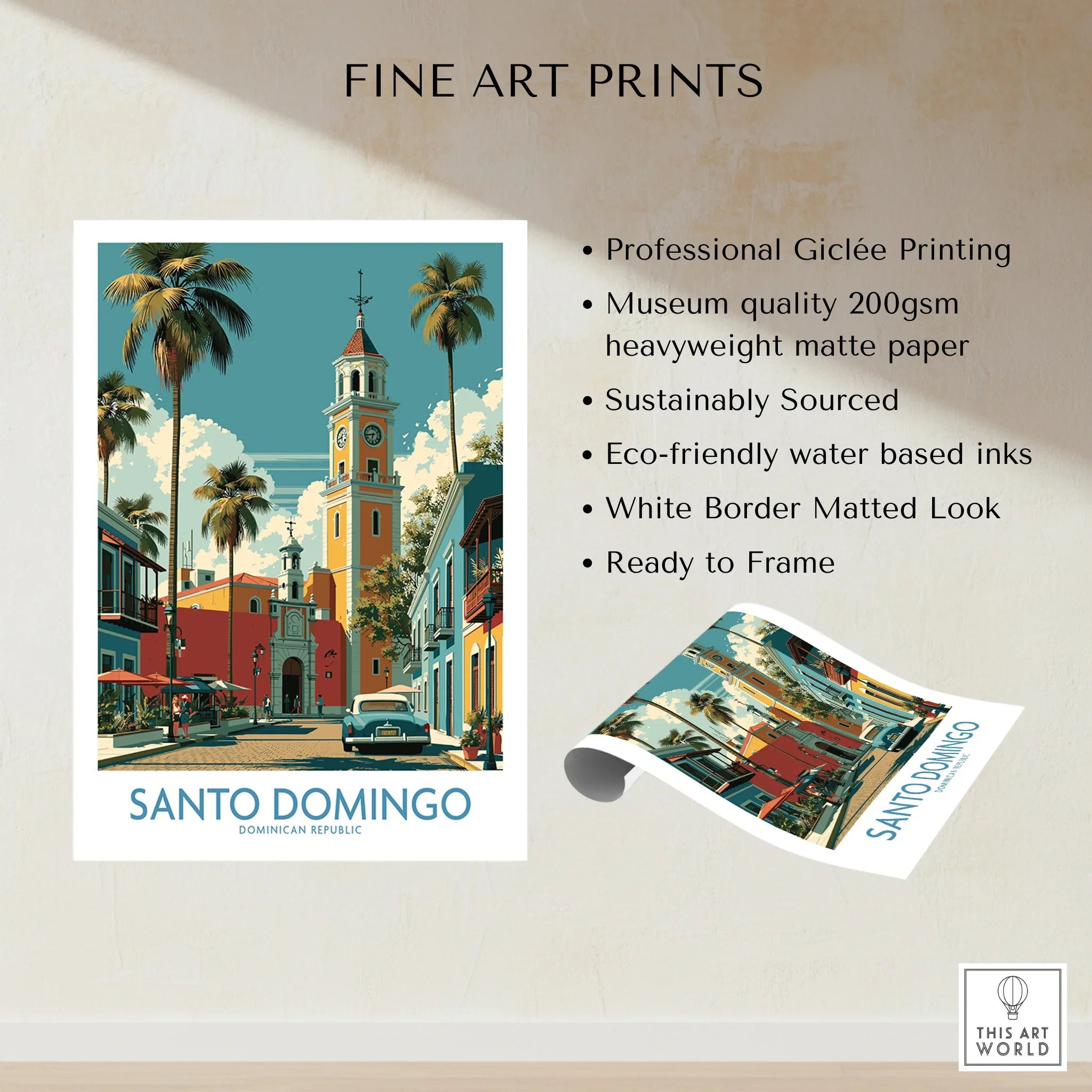 Santo Domingo travel poster with colorful colonial buildings, palm trees, and vintage car, fine art print ready to frame