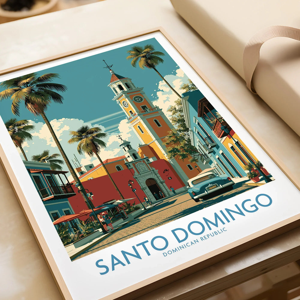Santo Domingo travel poster with palm trees, colorful buildings, and vintage car, perfect for wall art decor