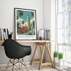 Santo Domingo travel poster with palm trees, clock tower, and vintage car, perfect for home decor wall art.