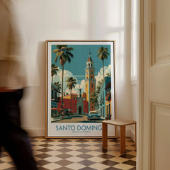 Santo Domingo travel poster with colorful colonial buildings, palm trees, and vintage car, perfect for wall art decor.
