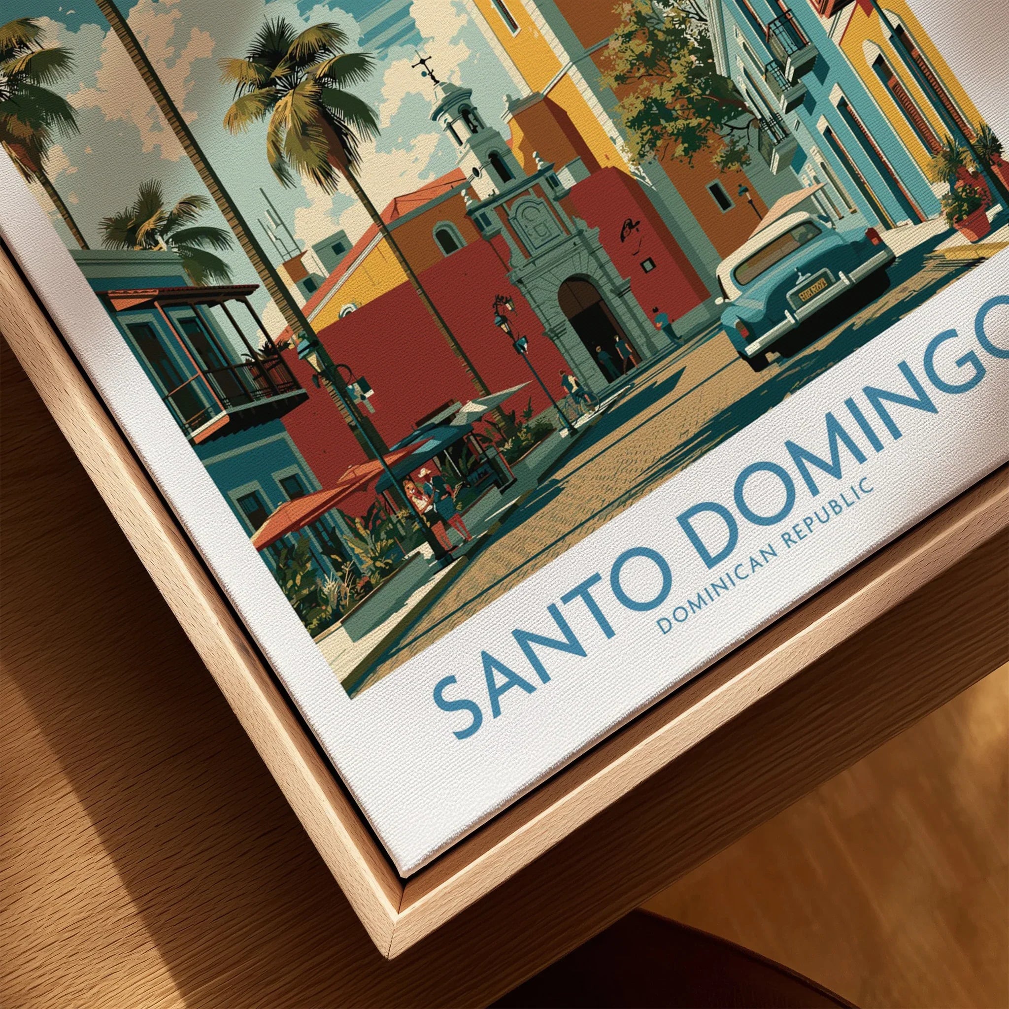 Santo Domingo travel poster print with colorful colonial buildings, palm trees, and vintage car for wall art decor