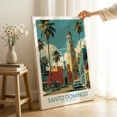 Santo Domingo travel poster with palm trees, colorful buildings, and a vintage car, perfect for wall art.