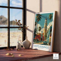 Santo Domingo travel poster with colorful buildings, palm trees, and a vintage car, perfect for wall art.
