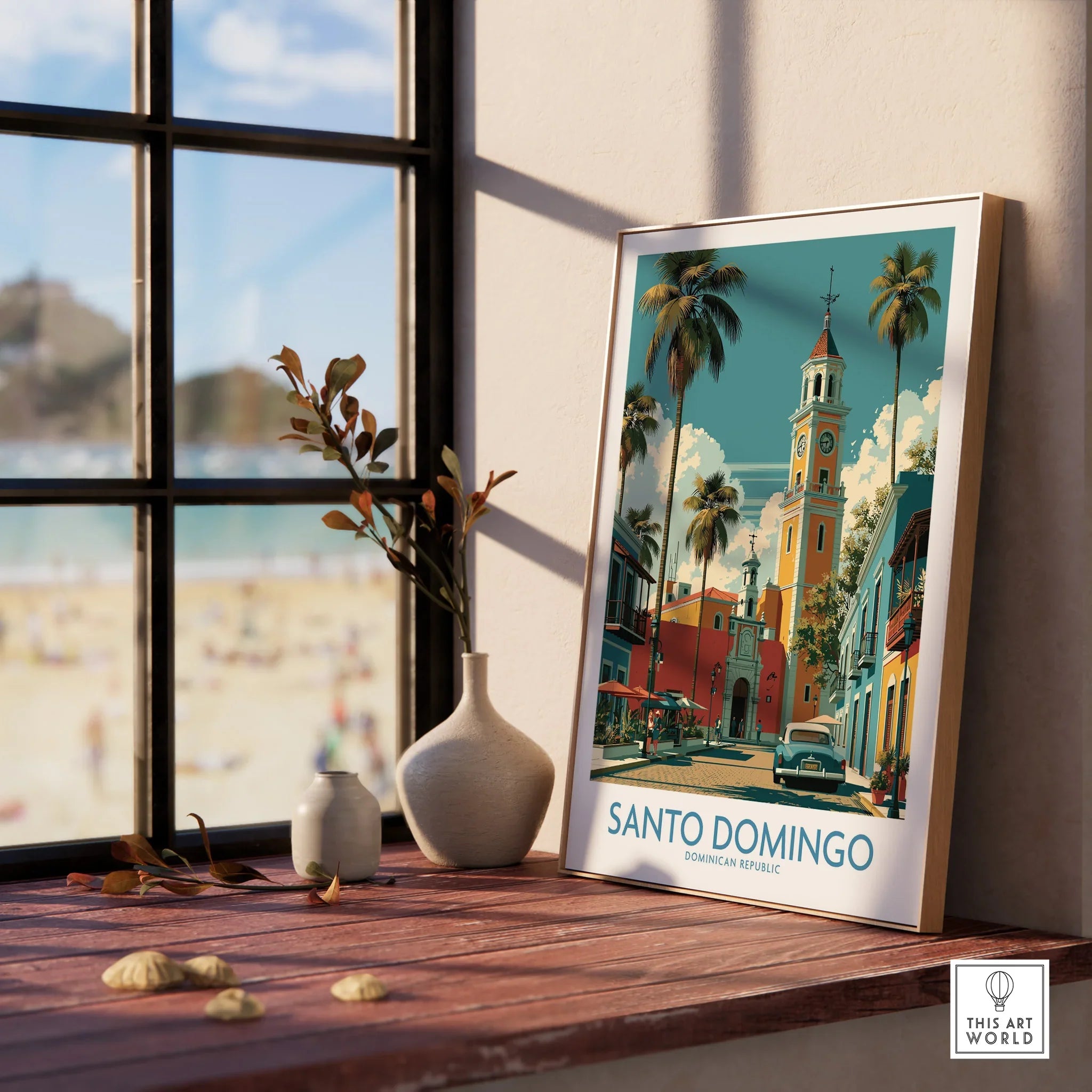 Santo Domingo travel poster with colorful buildings, palm trees, and a vintage car, perfect for wall art.