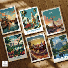 Framed travel posters of Venice, Paris, Singapore, Barcelona, Sri Lanka, and Santo Domingo for wall art decor