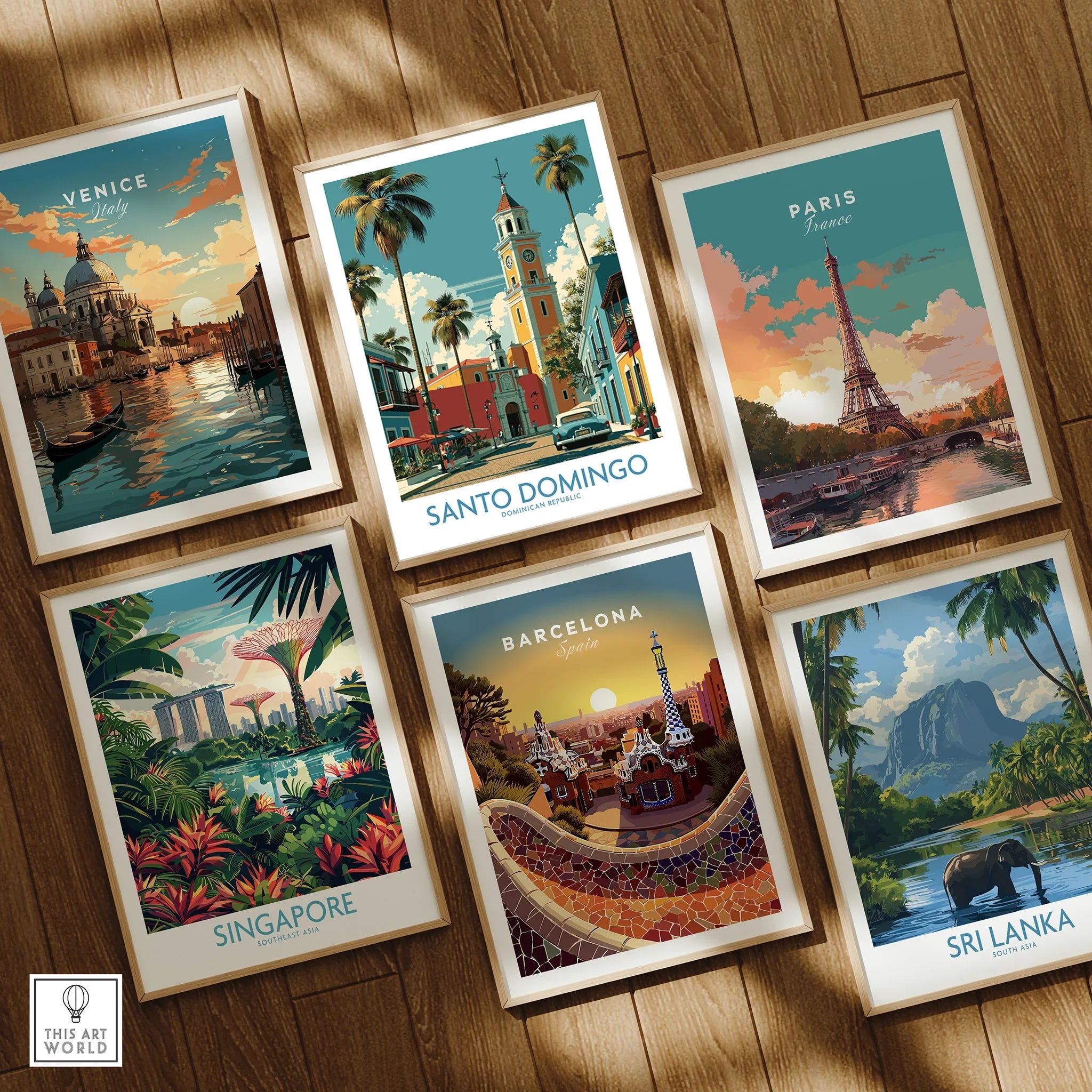 Framed travel posters of Venice, Paris, Singapore, Barcelona, Sri Lanka, and Santo Domingo for wall art decor