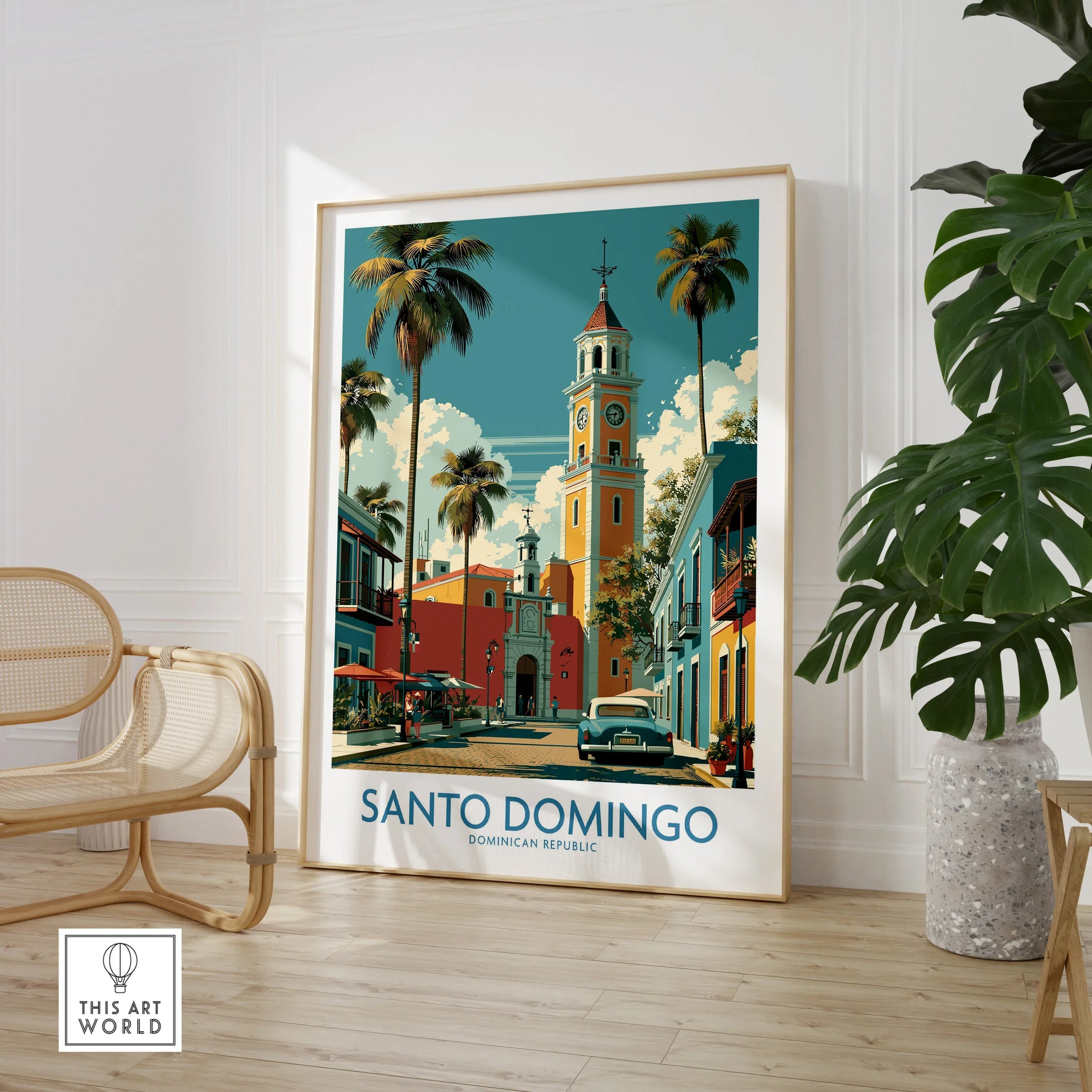 Santo Domingo travel poster with colorful colonial buildings, palm trees, and vintage car, perfect for wall art decor.