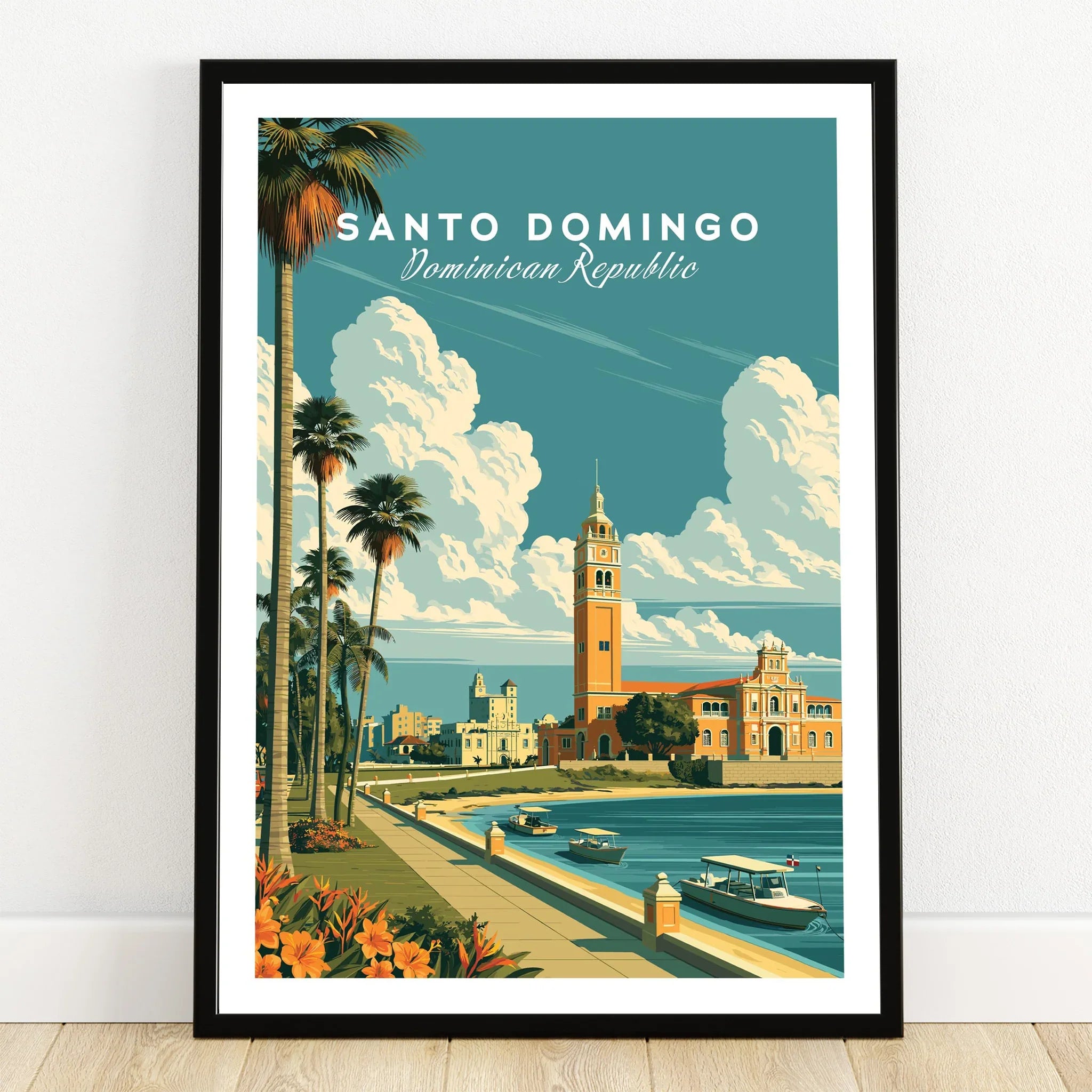 Santo Domingo travel poster with palm trees, waterfront, and historic tower, perfect for wall art decor.