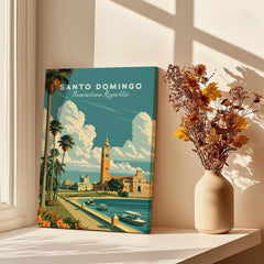 Santo Domingo travel poster with palm trees, waterfront, and historic buildings, perfect for home decor