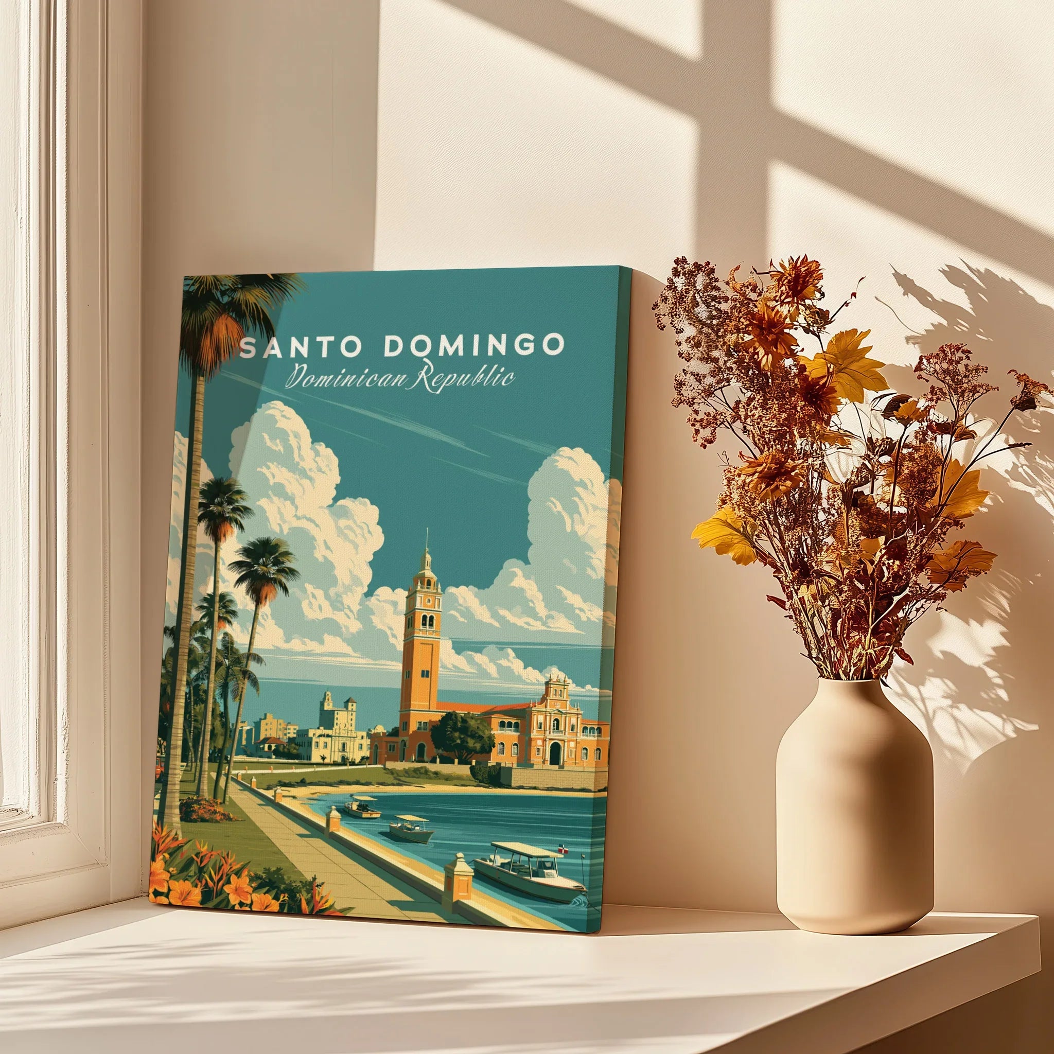 Santo Domingo travel poster with palm trees, waterfront, and historic buildings, perfect for home decor