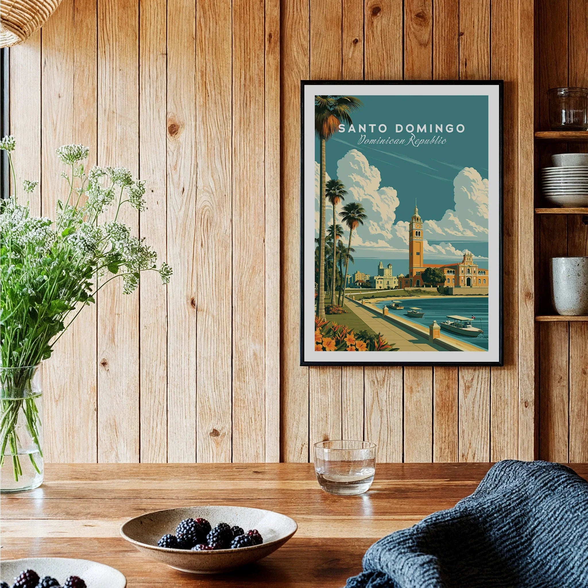 Santo Domingo travel poster with palm trees, historic buildings, and waterfront, perfect for home wall art decor.