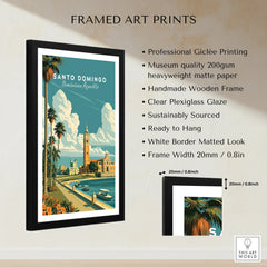 Santo Domingo travel poster with palm trees, waterfront, and historic buildings in a black frame
