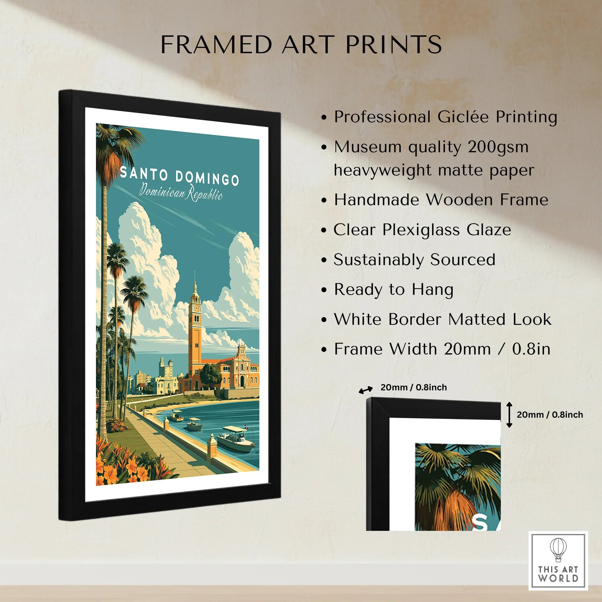Santo Domingo travel poster with palm trees, waterfront, and historic buildings in a black frame