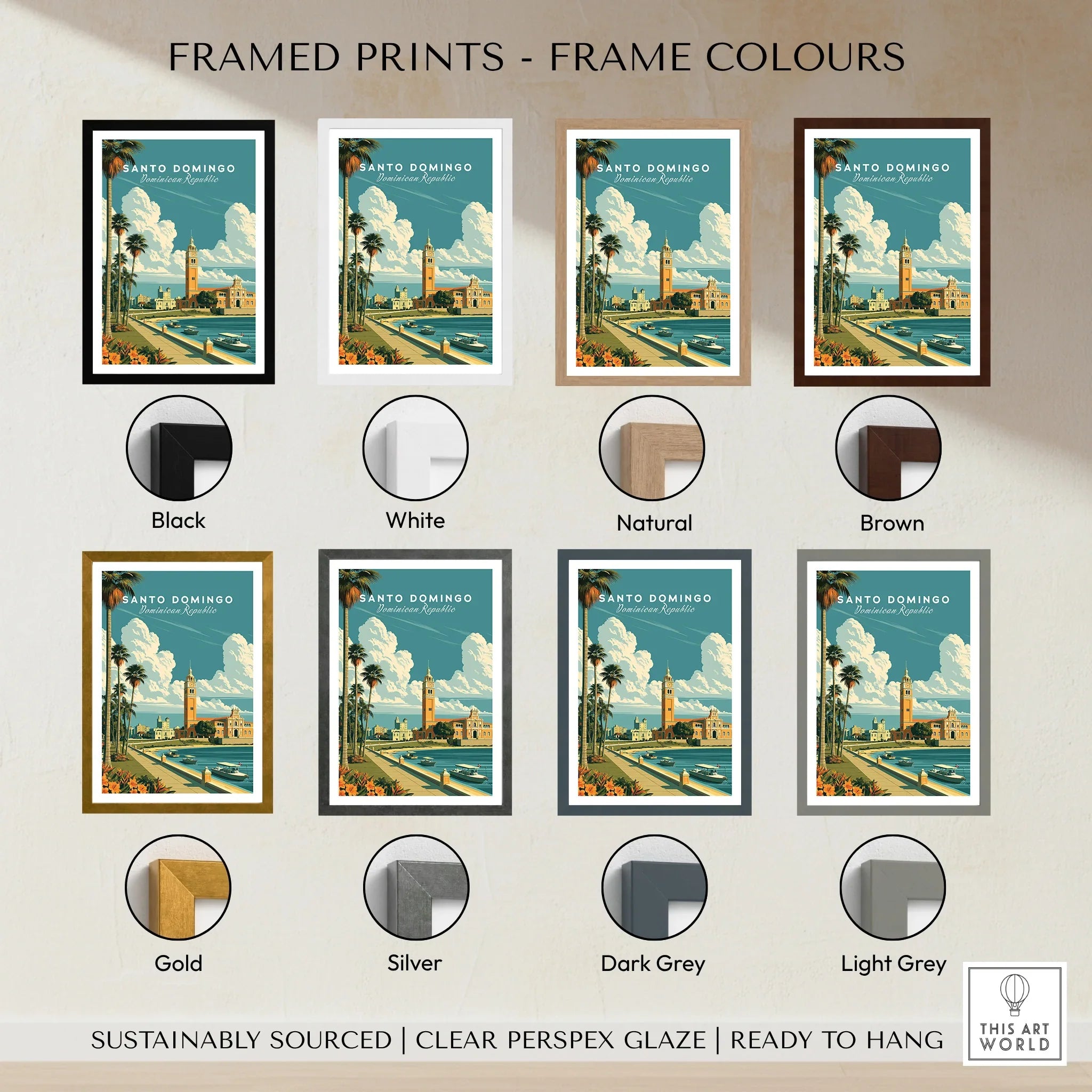 Santo Domingo travel poster in 8 frame colors: black, white, natural, brown, gold, silver, dark grey, light grey