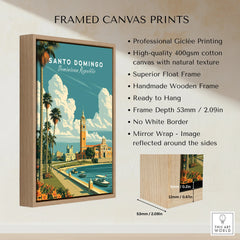 Santo Domingo travel poster print in wooden frame, featuring palm trees, waterfront, and historic architecture for wall art decor