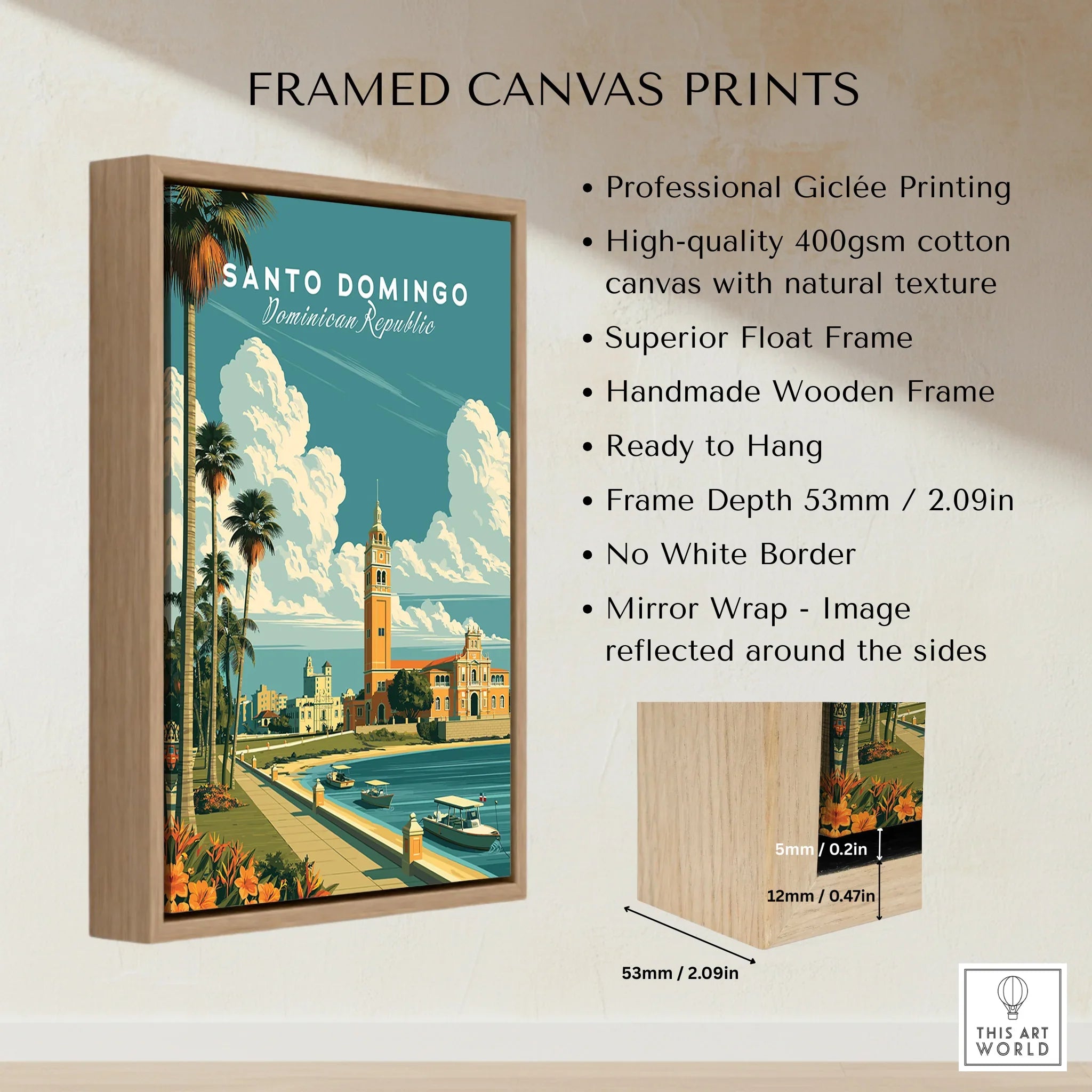 Santo Domingo travel poster print in wooden frame, featuring palm trees, waterfront, and historic architecture for wall art decor