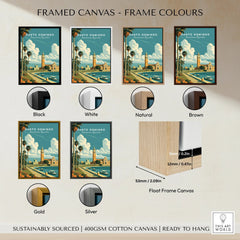 Santo Domingo travel poster in black, white, natural, brown, gold, and silver float frames, ready to hang
