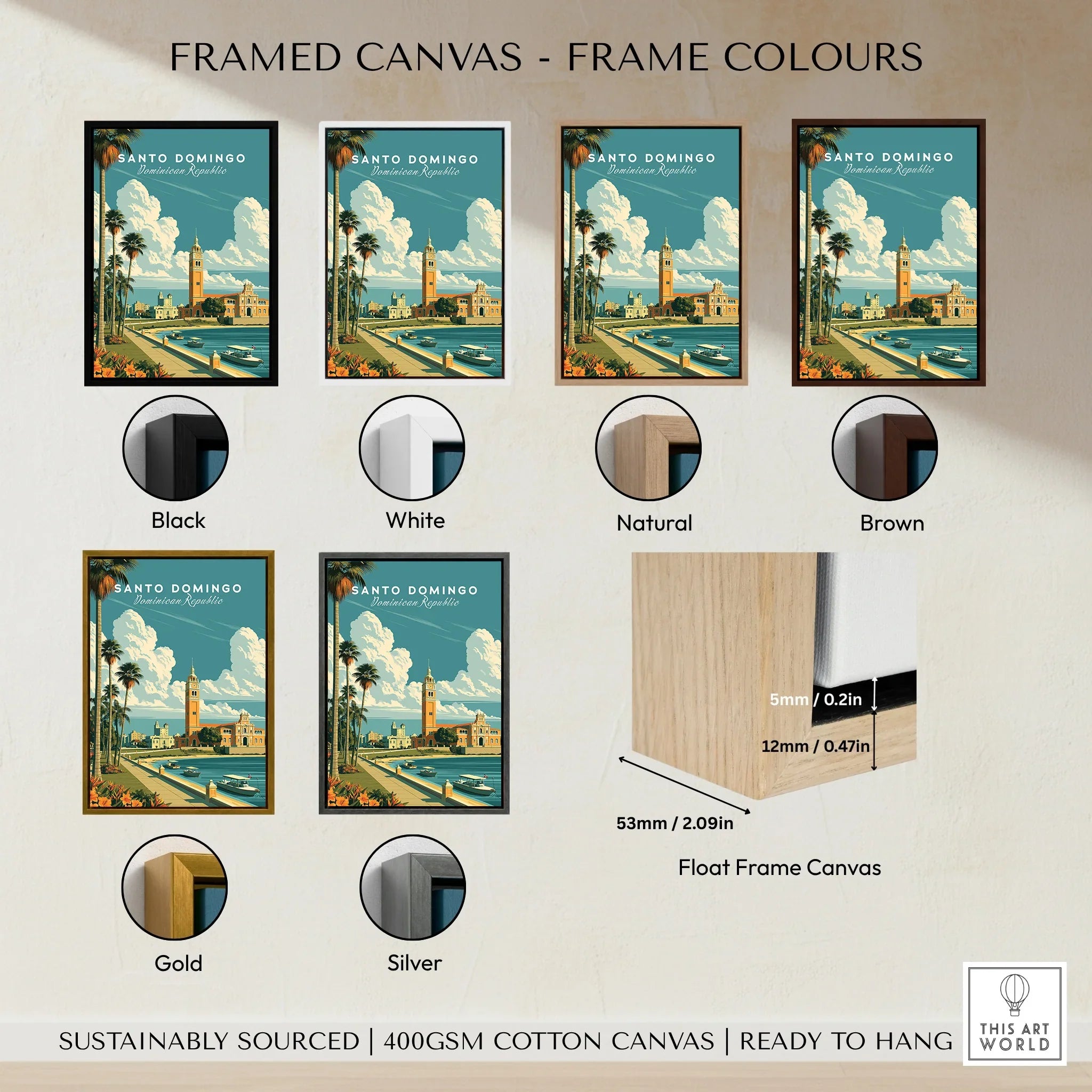 Santo Domingo travel poster in black, white, natural, brown, gold, and silver float frames, ready to hang