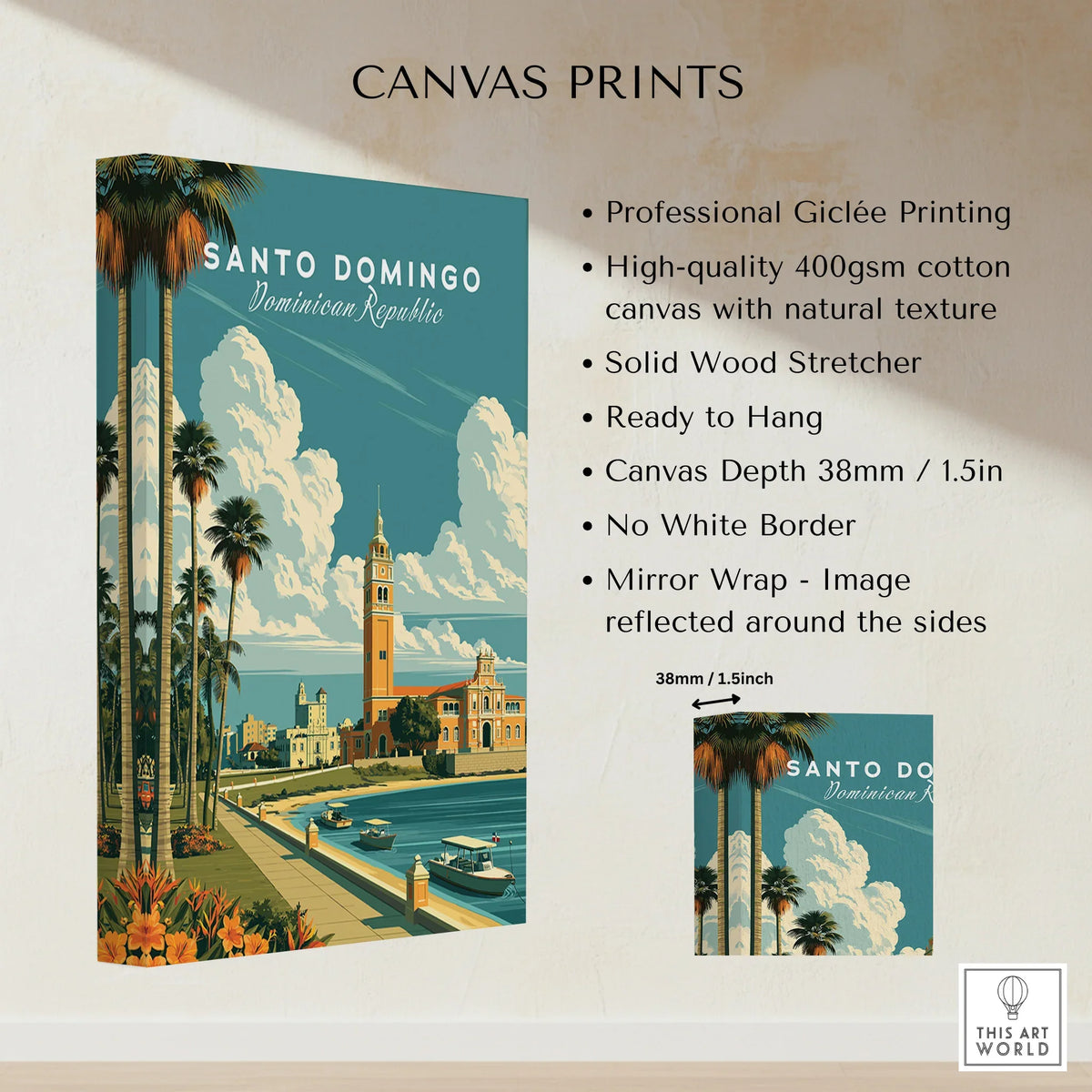 Santo Domingo travel poster canvas print with palm trees, historic buildings, and waterfront scene for wall art decor