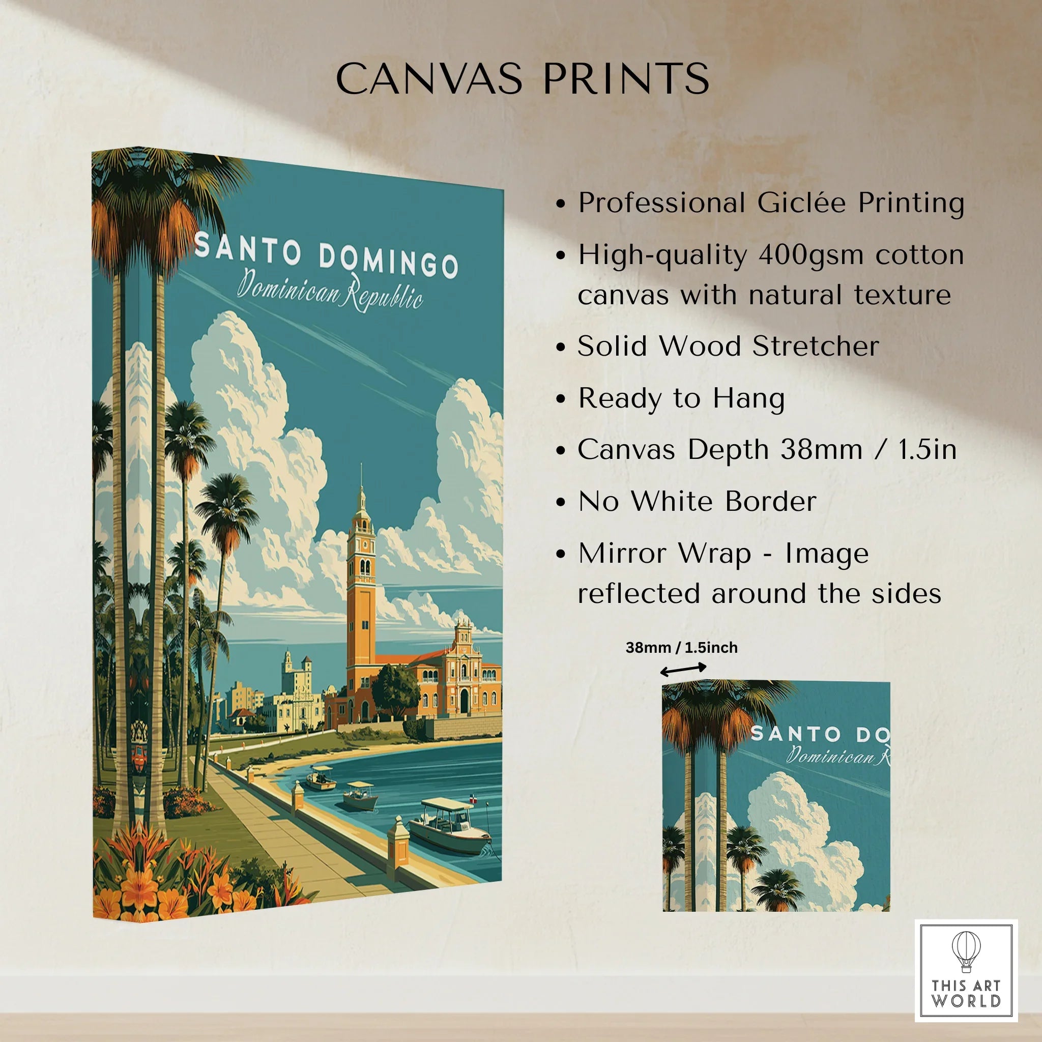Santo Domingo travel poster canvas print with palm trees, historic buildings, and waterfront scene for wall art decor