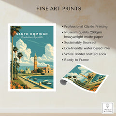Santo Domingo travel poster print with palm trees, waterfront, and historic architecture, ready to frame