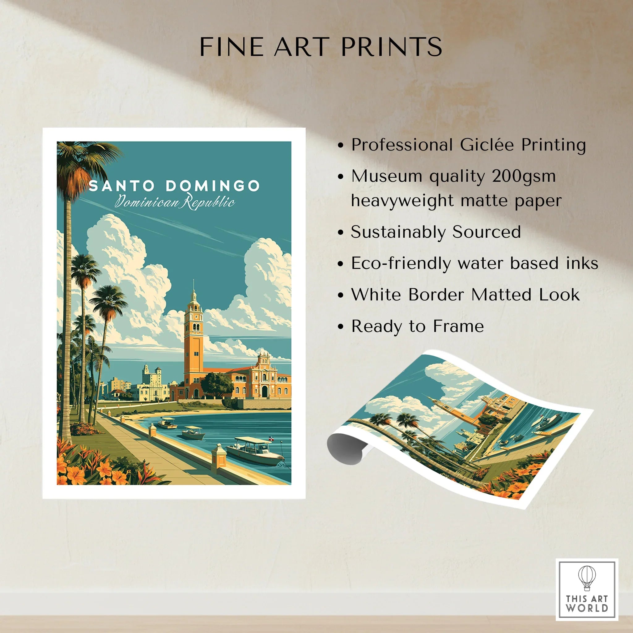 Santo Domingo travel poster print with palm trees, waterfront, and historic architecture, ready to frame