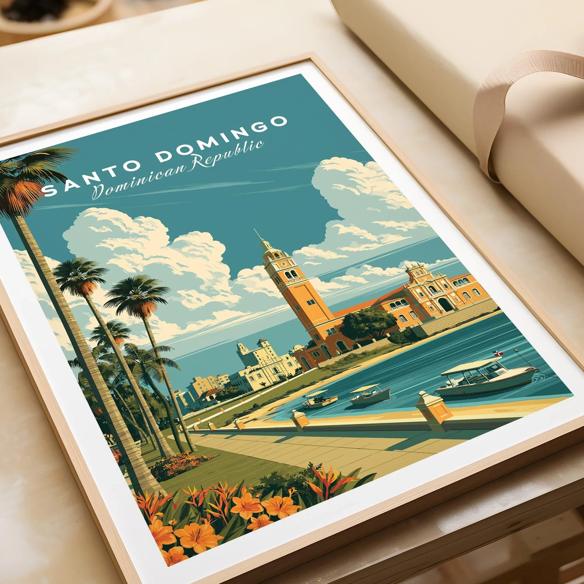 Santo Domingo travel poster with palm trees, waterfront, and historic buildings for wall art decor