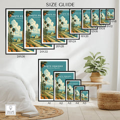 Santo Domingo travel poster size guide with palm trees, skyline, and wall art options for home decor