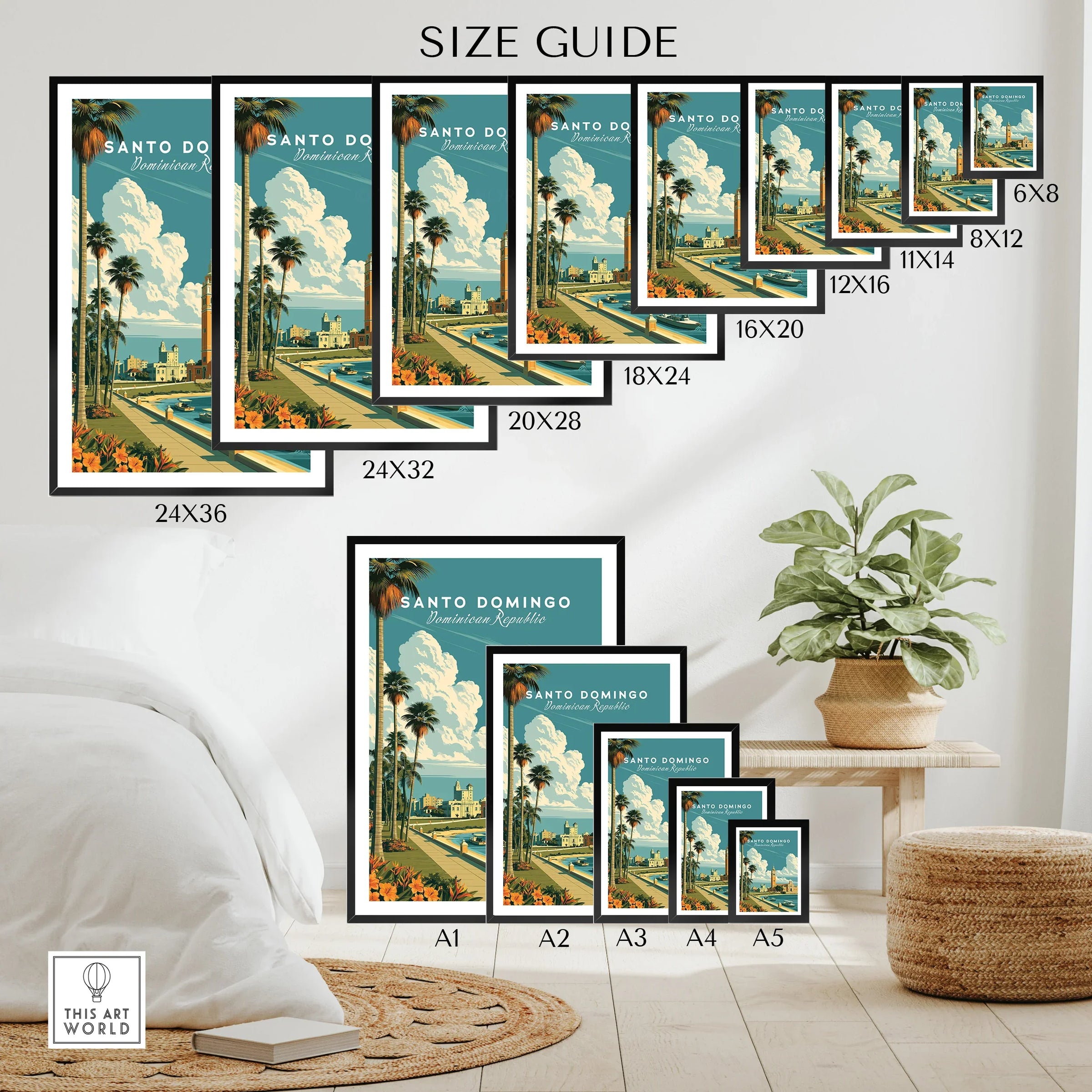 Santo Domingo travel poster size guide with palm trees, skyline, and wall art options for home decor