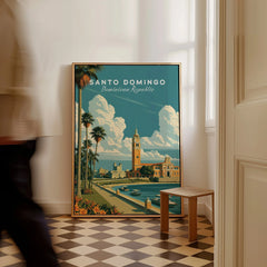 Santo Domingo travel poster with palm trees, historic buildings, and waterfront, perfect for home wall art decor.