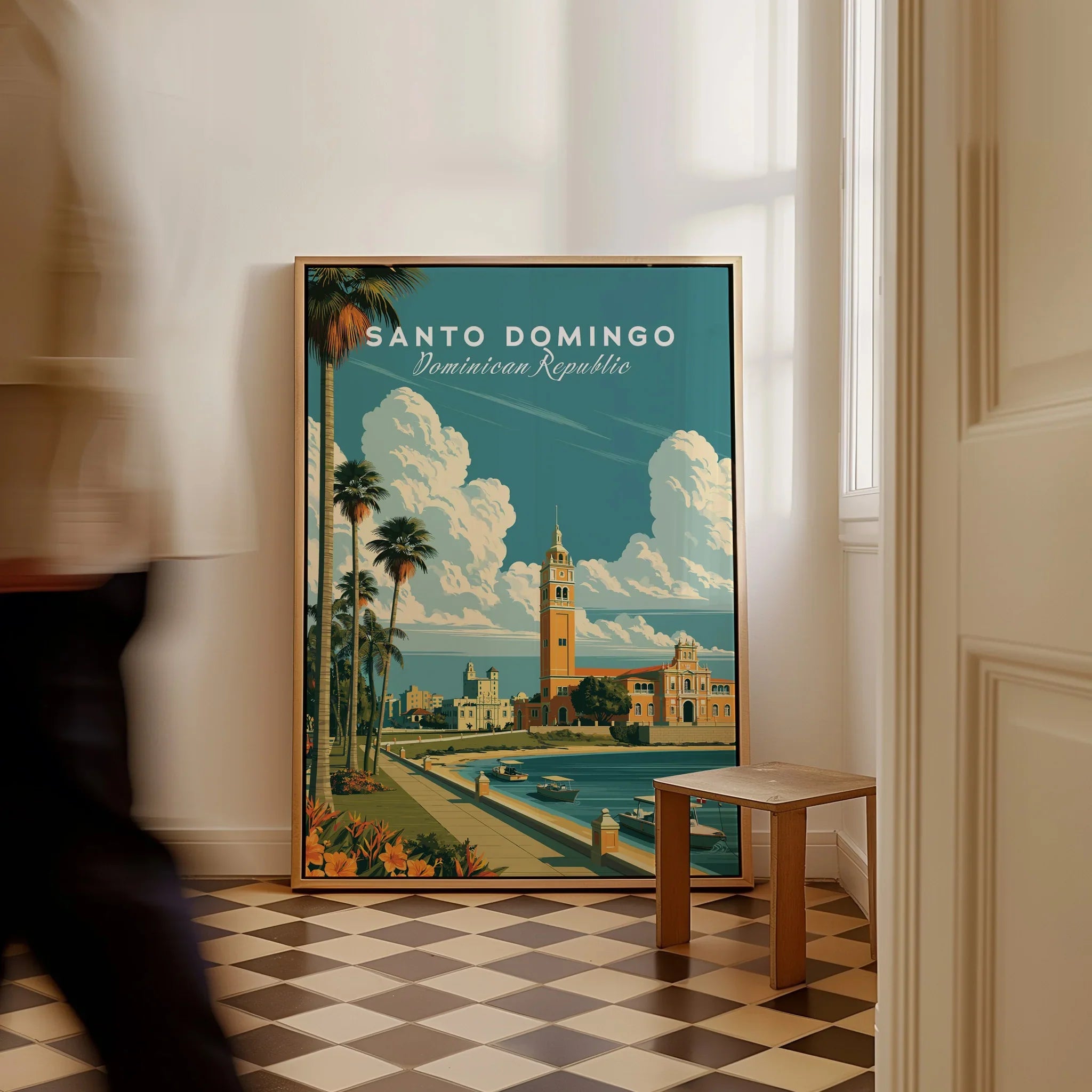 Santo Domingo travel poster with palm trees, historic buildings, and waterfront, perfect for home wall art decor.