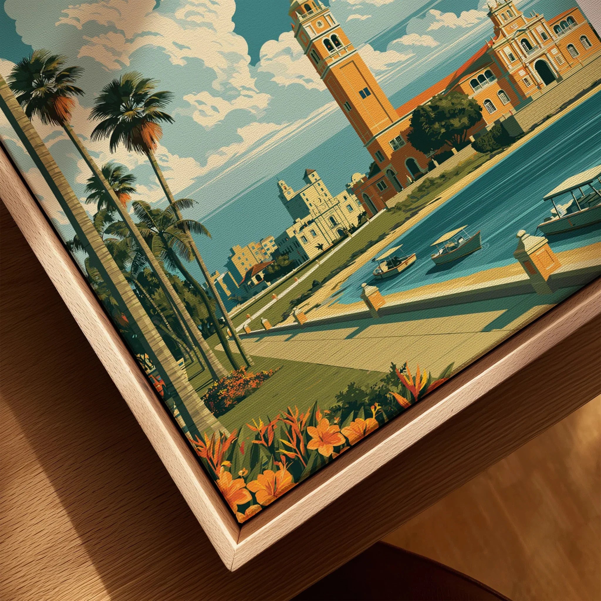 Framed travel poster of tropical cityscape with palm trees, waterfront, and historic buildings for wall art decor