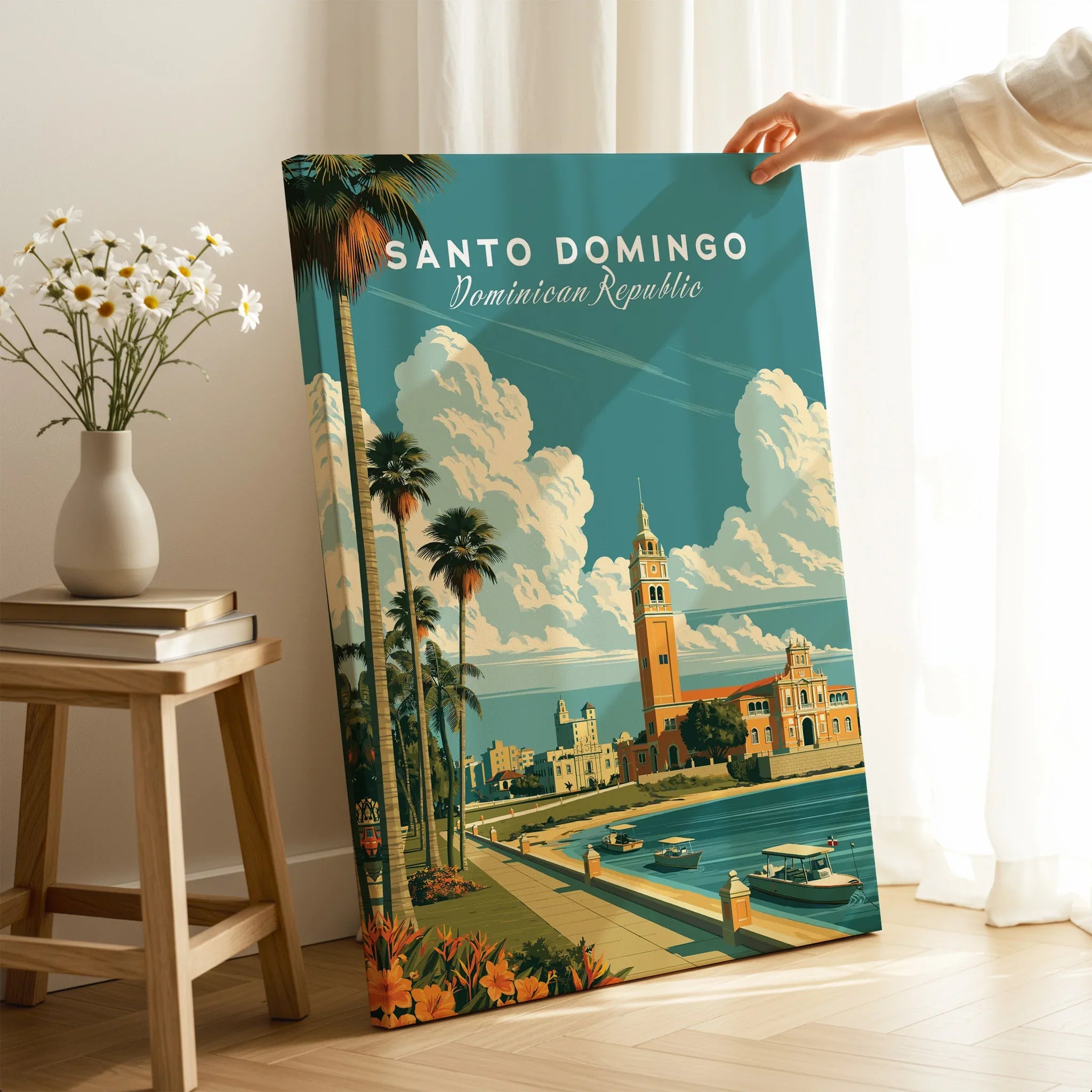 Santo Domingo travel poster with palm trees, historic buildings, and waterfront, perfect for wall art decor.