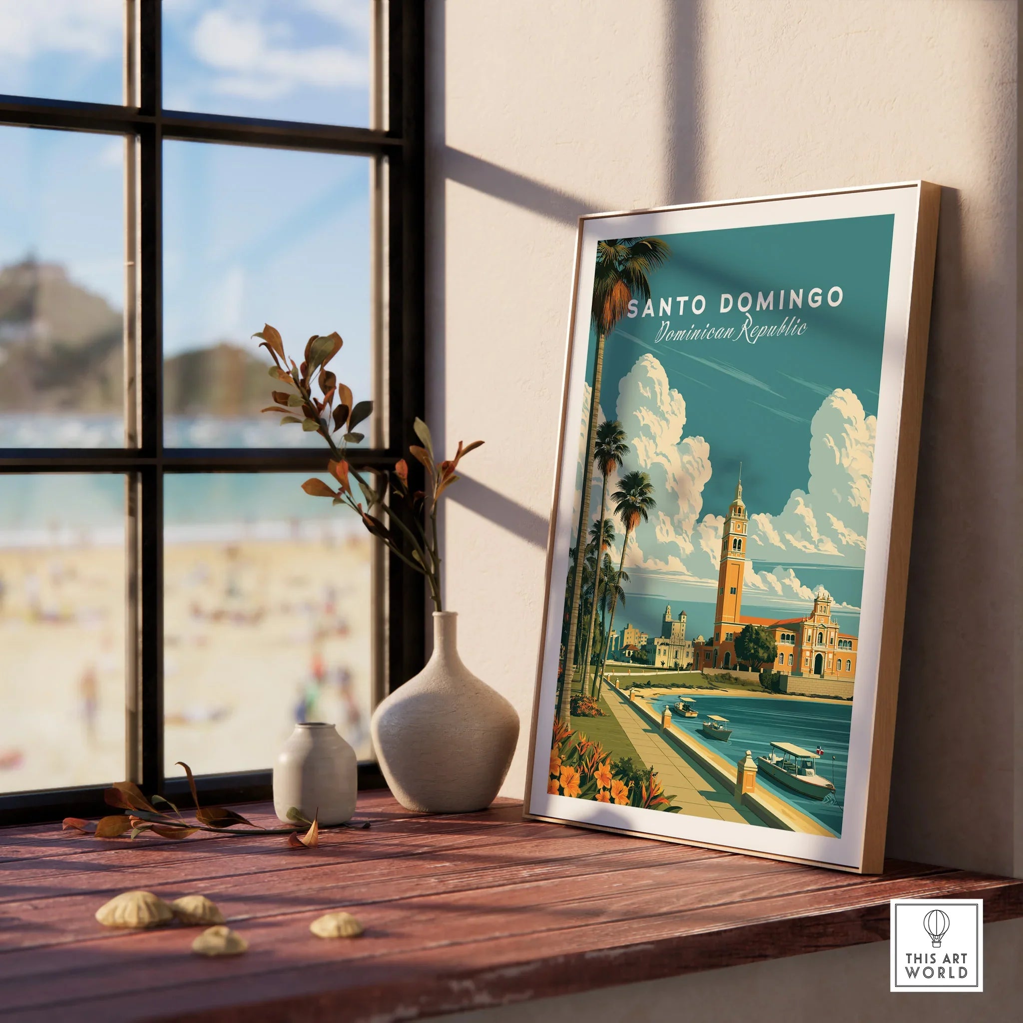 Santo Domingo travel poster with palm trees, historic buildings, and waterfront, perfect for wall art decor.