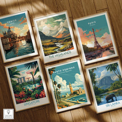 Framed travel posters of Venice, Paris, Scotland, Singapore, Santo Domingo, and Sri Lanka for wall art decor