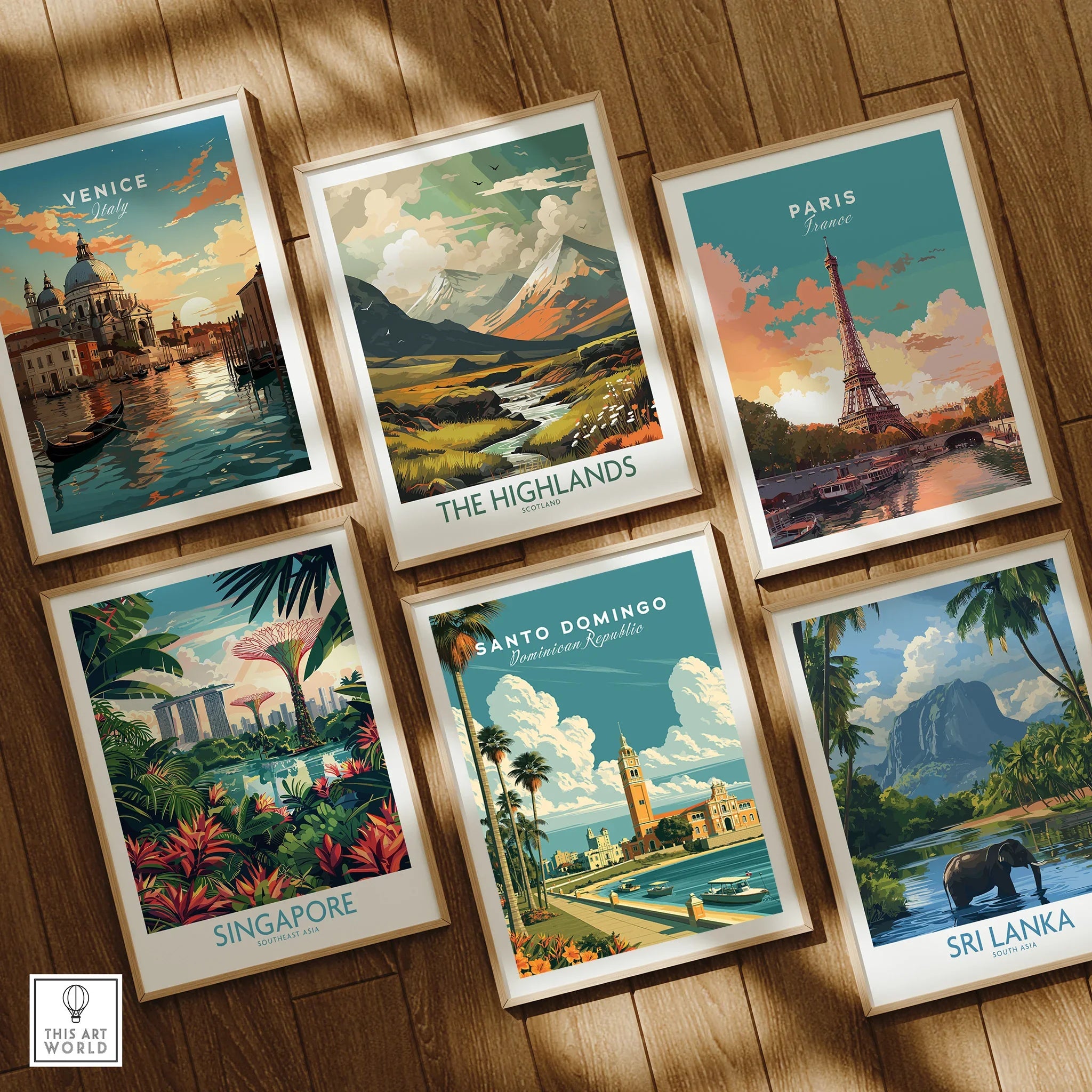Framed travel posters of Venice, Paris, Scotland, Singapore, Santo Domingo, and Sri Lanka for wall art decor