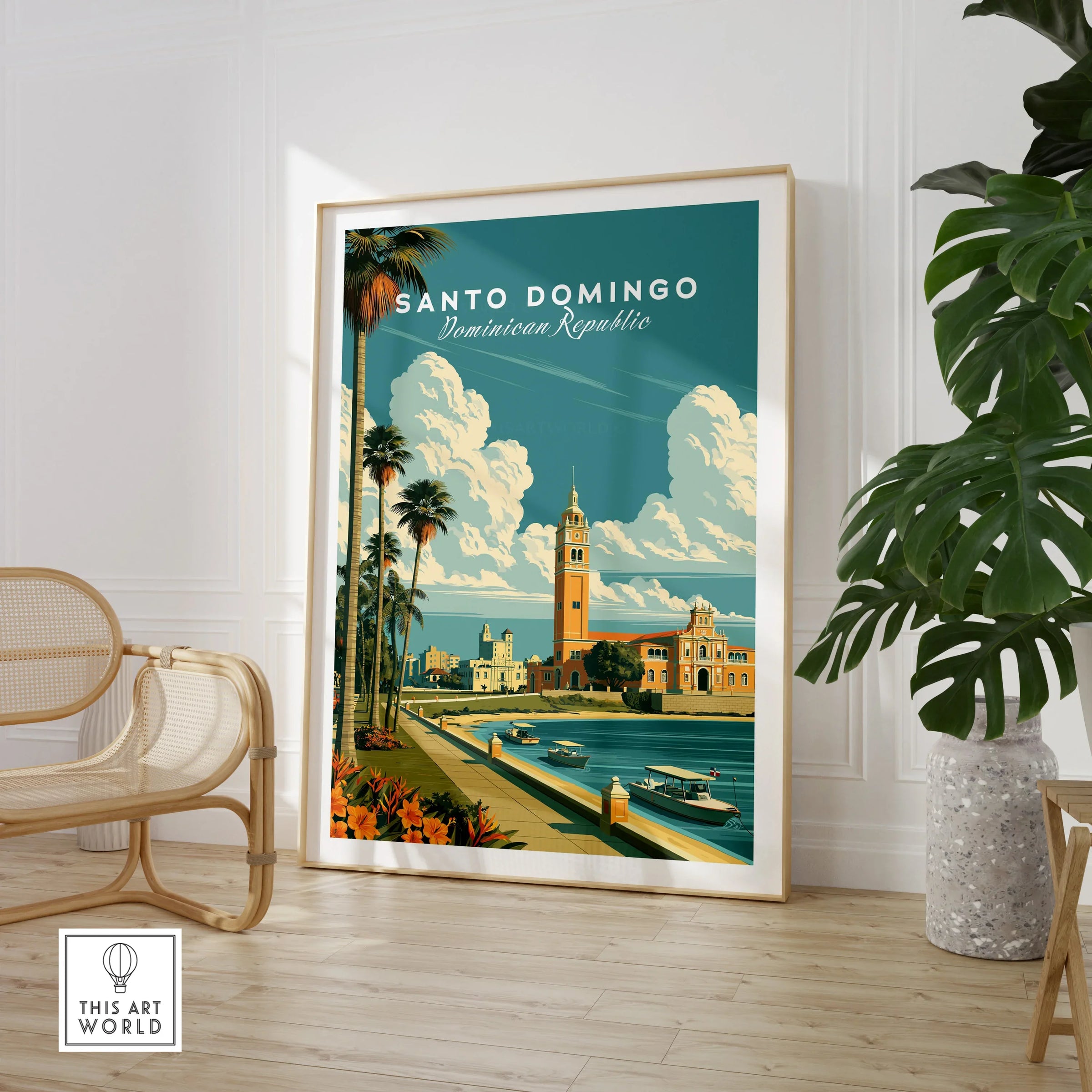 Santo Domingo travel poster with palm trees, waterfront, and historic buildings for home decor