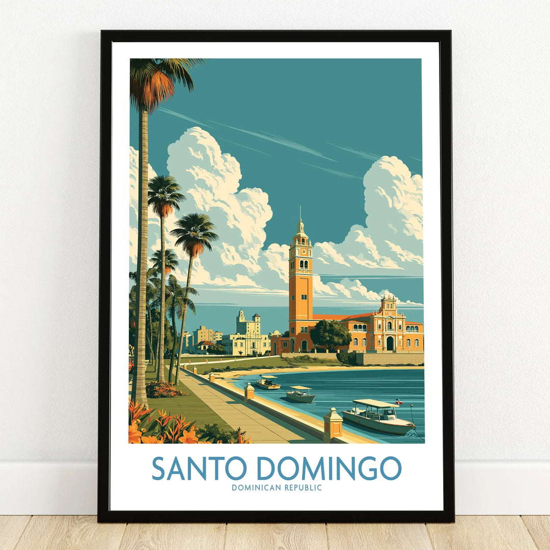 Santo Domingo travel poster with palm trees, waterfront, and historic buildings, Dominican Republic wall art