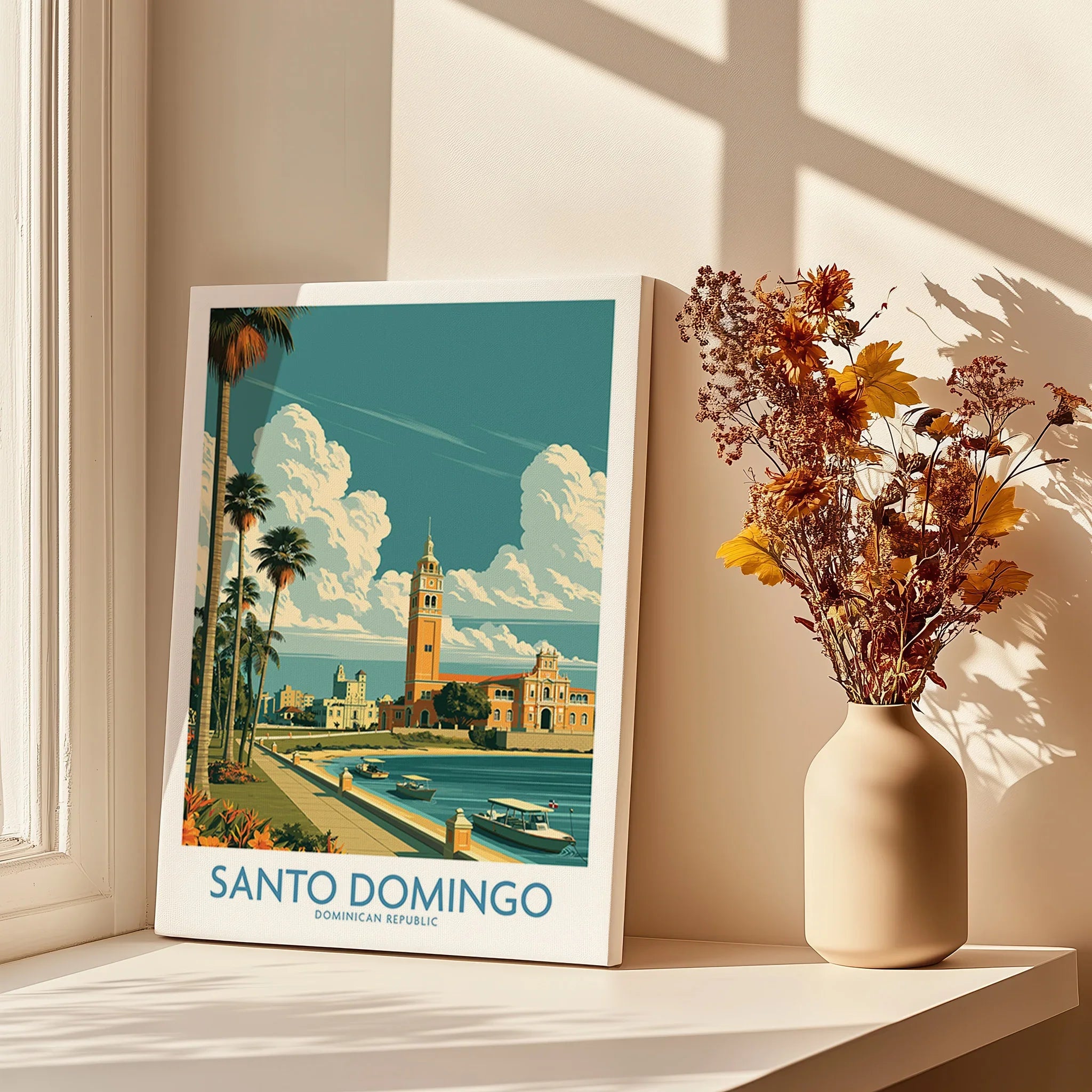 Santo Domingo travel poster with palm trees, historic buildings, and waterfront, perfect for home wall art decor