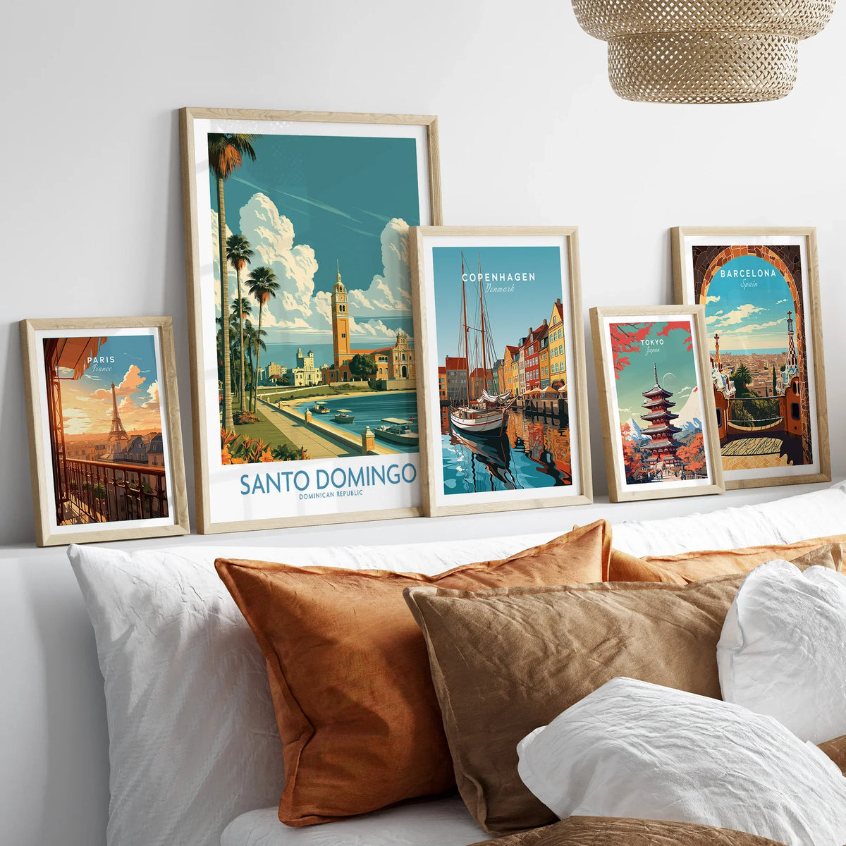 Travel posters of Paris, Santo Domingo, Copenhagen, Tokyo, and Barcelona for home decor