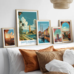 Travel posters of Paris, Santo Domingo, Copenhagen, Tokyo, and Barcelona for home decor