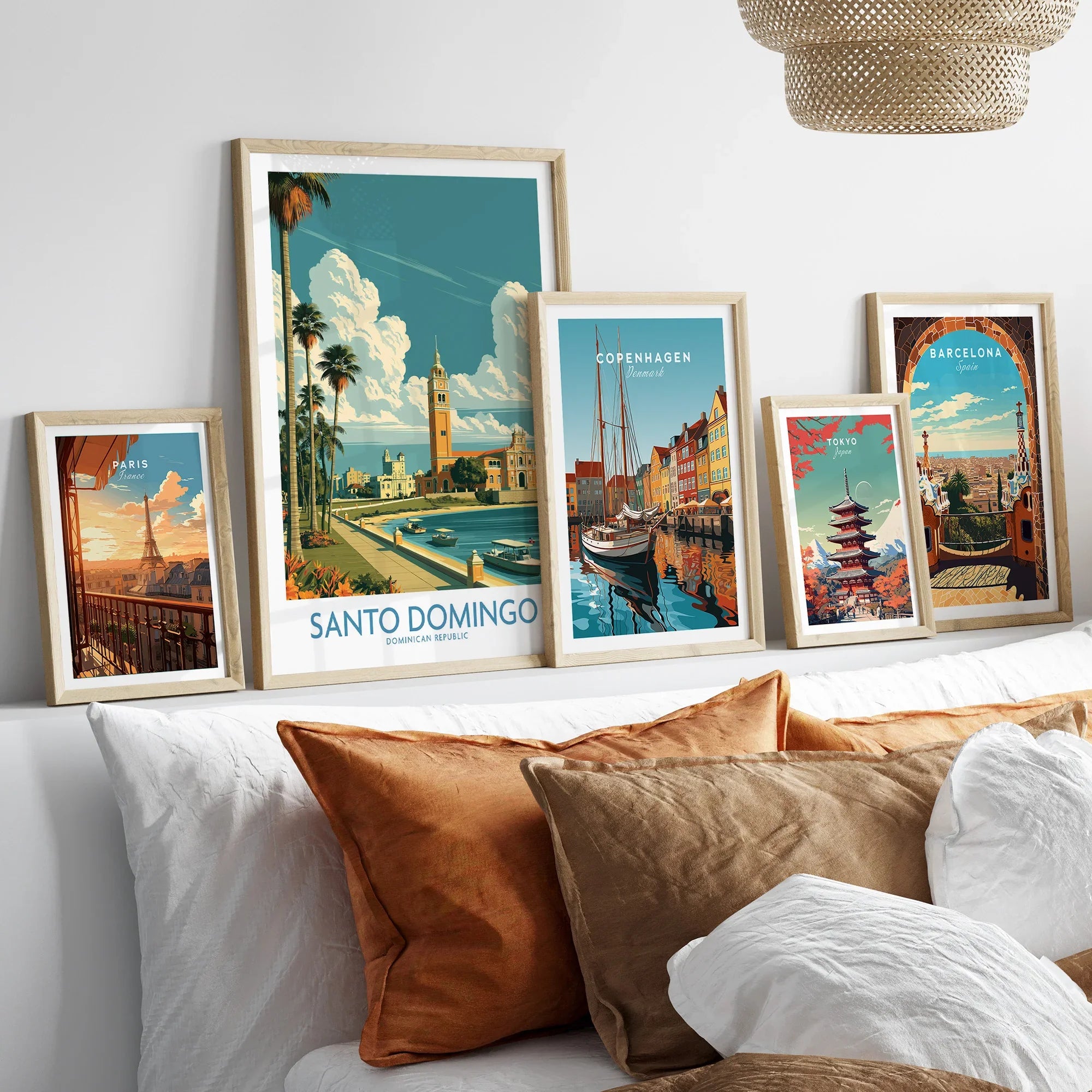 Travel posters of Paris, Santo Domingo, Copenhagen, Tokyo, and Barcelona for home decor