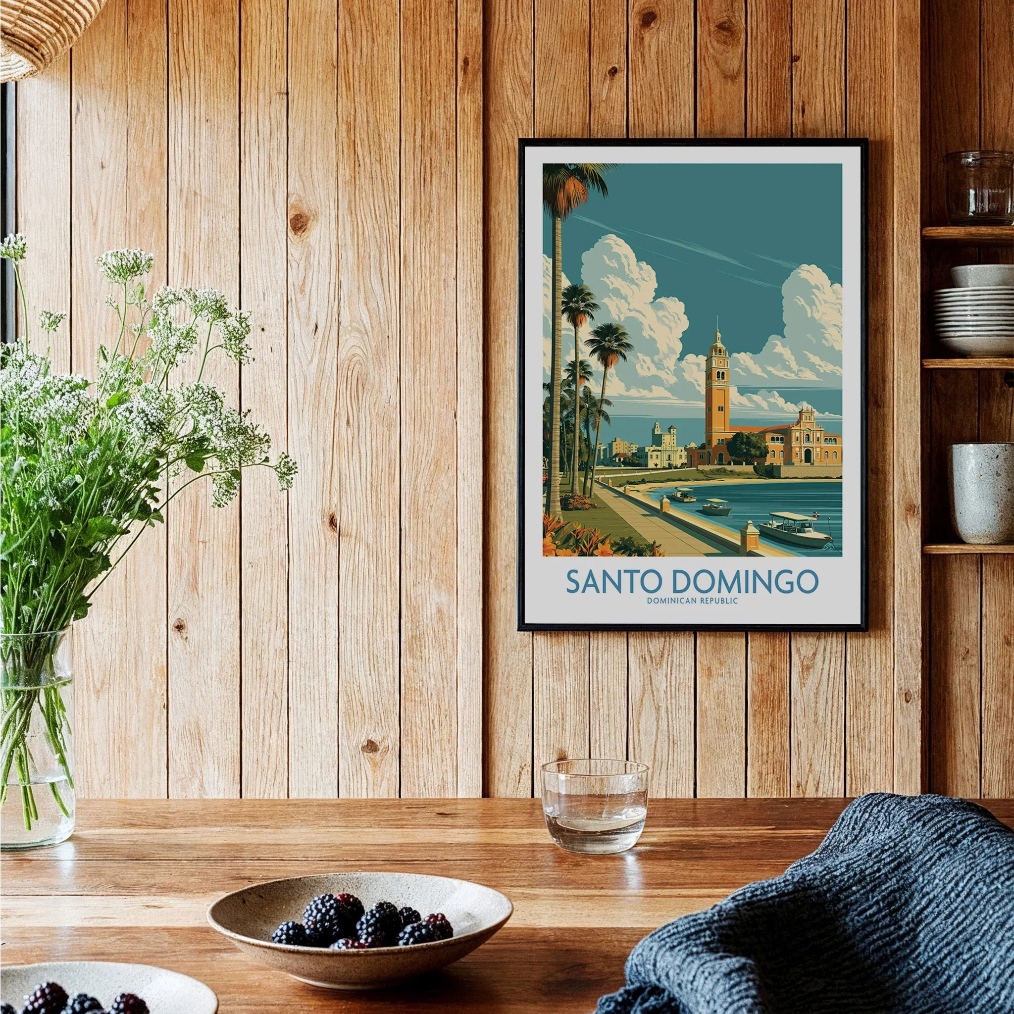Santo Domingo travel poster with palm trees, waterfront, and historic buildings, perfect for home wall art decor