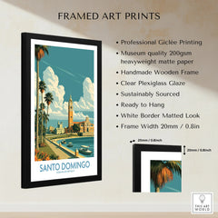 Santo Domingo travel poster with palm trees, waterfront, and historic buildings in a black frame