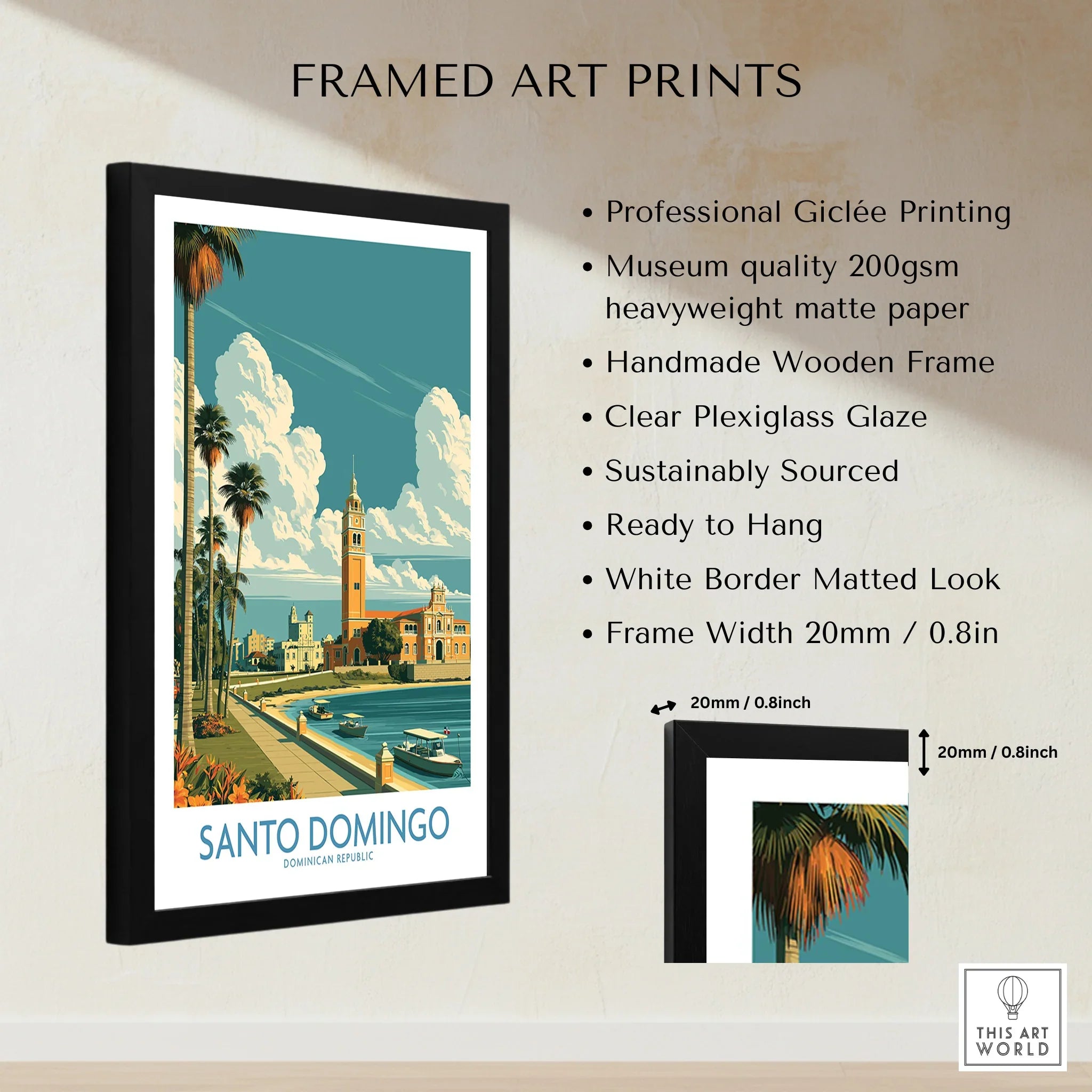 Santo Domingo travel poster with palm trees, waterfront, and historic buildings in a black frame