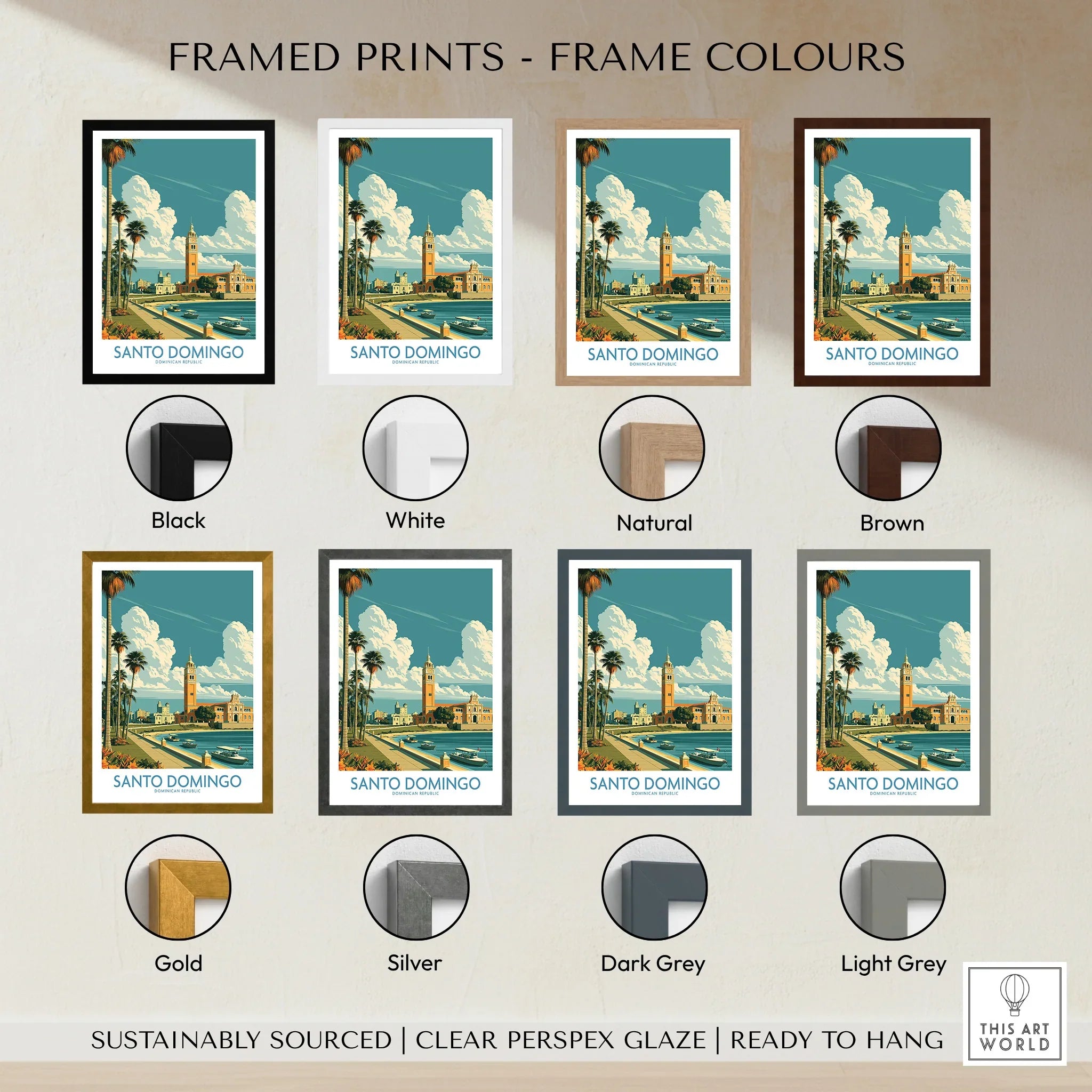 Santo Domingo travel poster in eight frame colors: black, white, natural, brown, gold, silver, dark grey, light grey