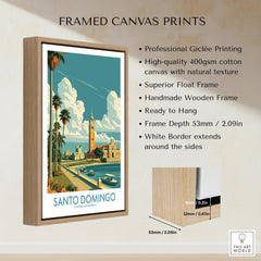 Santo Domingo travel poster print in wooden frame, featuring palm trees, historic architecture, and waterfront scene for wall art decor.