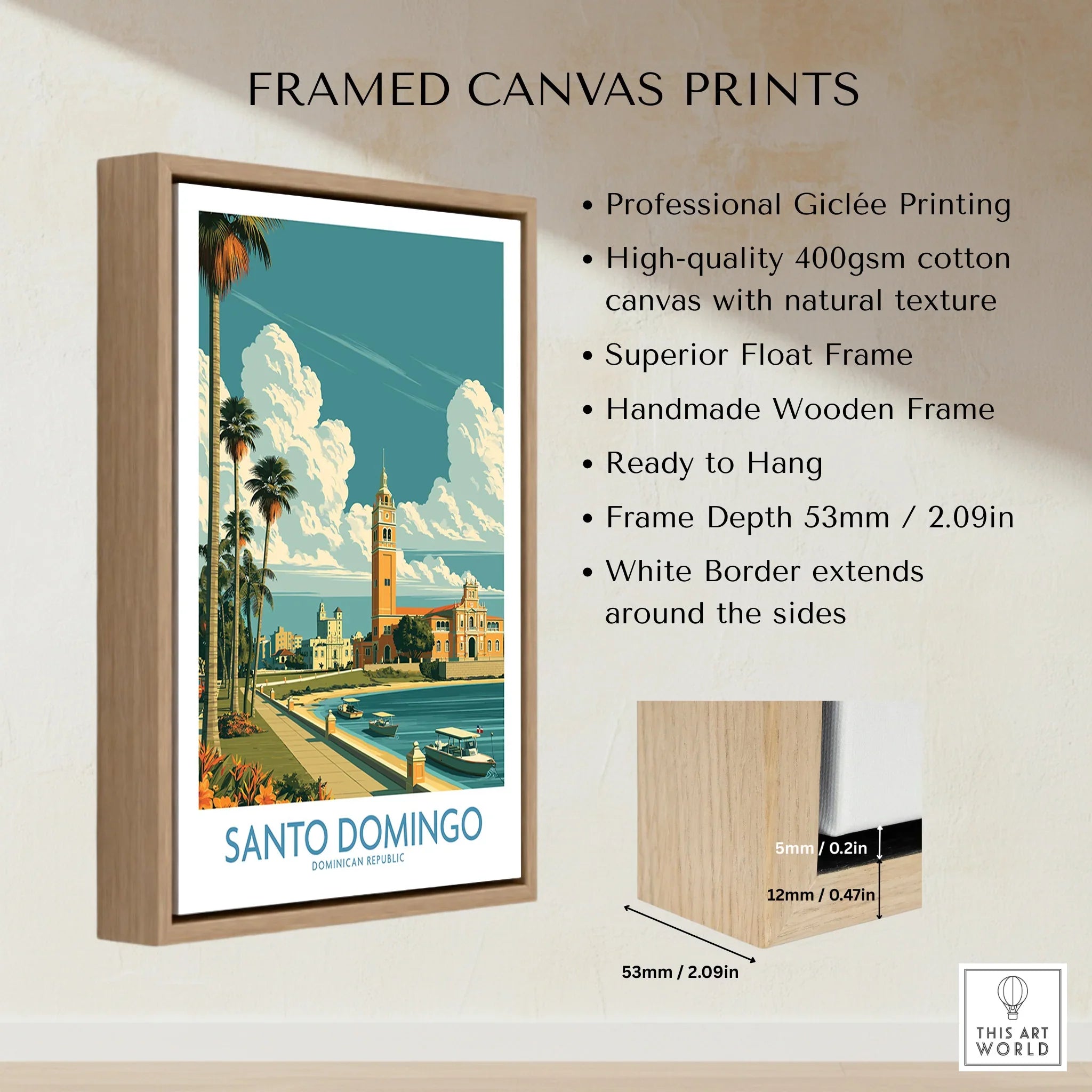Santo Domingo travel poster print in wooden frame, featuring palm trees, historic architecture, and waterfront scene for wall art decor.